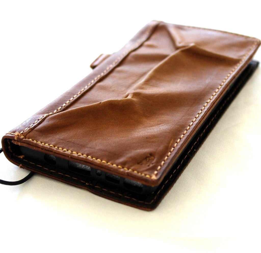 DavisCase genuine leather wallet phone case for iPhone 11-16 Pro Max, tan vintage style with credit card slots and full grain leather finish.