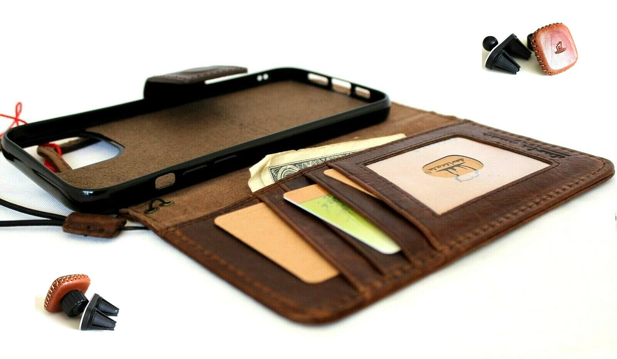 DavisCase genuine dark leather iPhone 12 Pro Max wallet case with ID window, credit card slots, magnetic cover, and car holder.