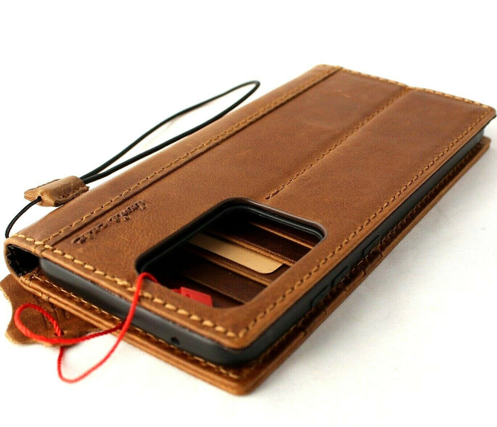 DavisCase genuine leather Galaxy S20 Ultra wallet case with card slots, wireless charging holder, and rubber ID holder in black.
