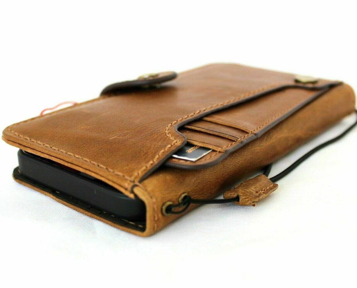 Genuine soft tan leather iPhone 12 case by DAVISCASE with ID window, card slots, vintage style, full grain leather, handmade.