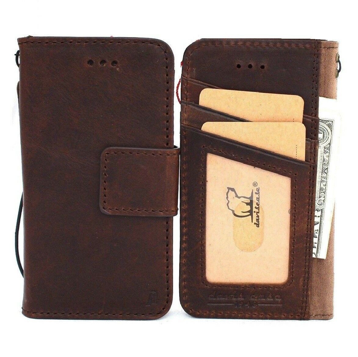 Genuine vintage leather iPhone XR case with wallet card slots, detachable stand, and magnetic car holder by DAVISCASE.