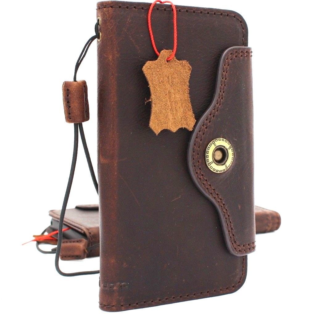 Handmade genuine Italian leather Samsung Galaxy S9 wallet case with oiled finish, designed for wireless charging, dark brown color.