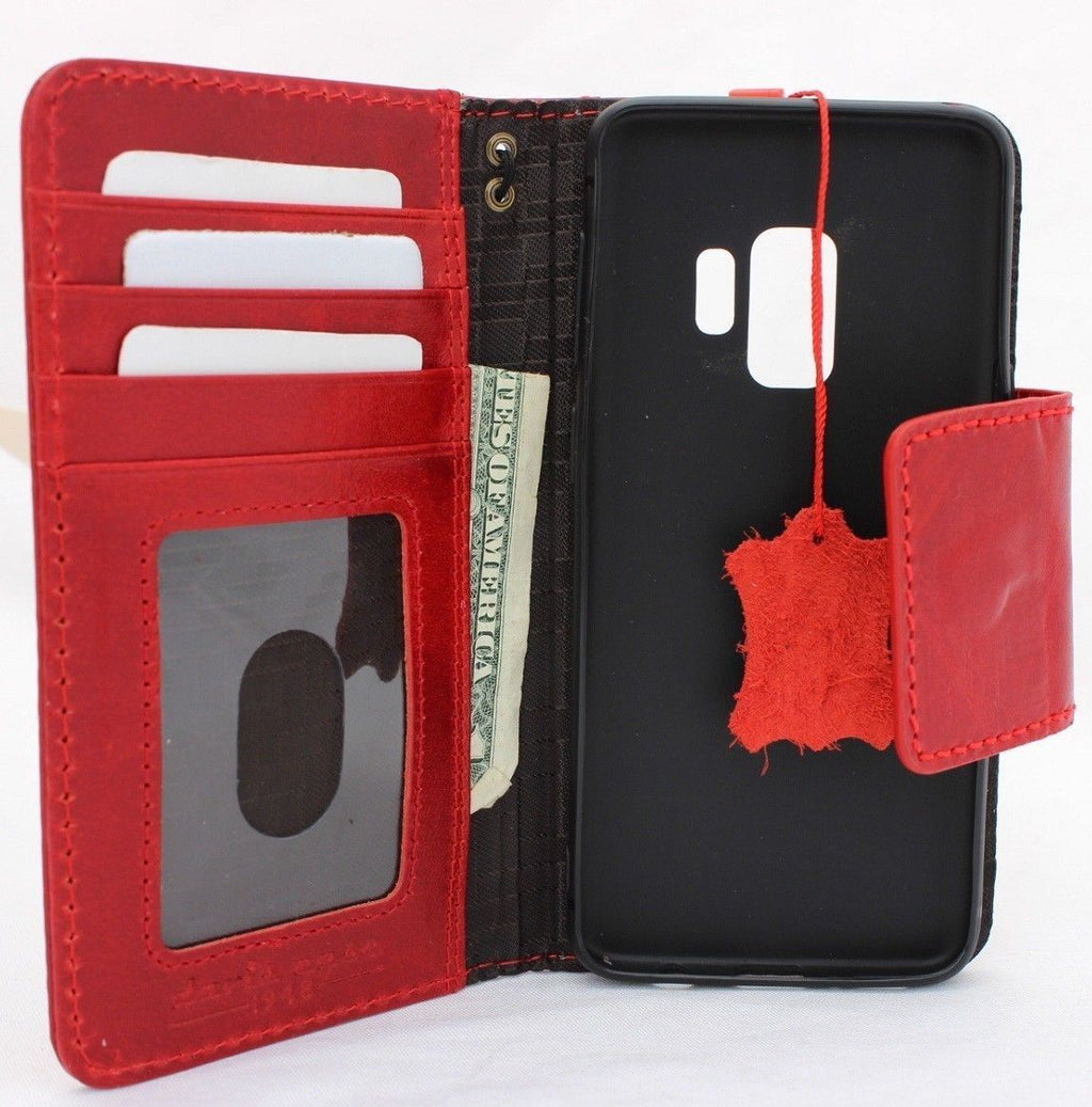 Red wine genuine Italian leather wallet case for Samsung Galaxy S9, handmade with magnetic closure and oiled finish, business style.