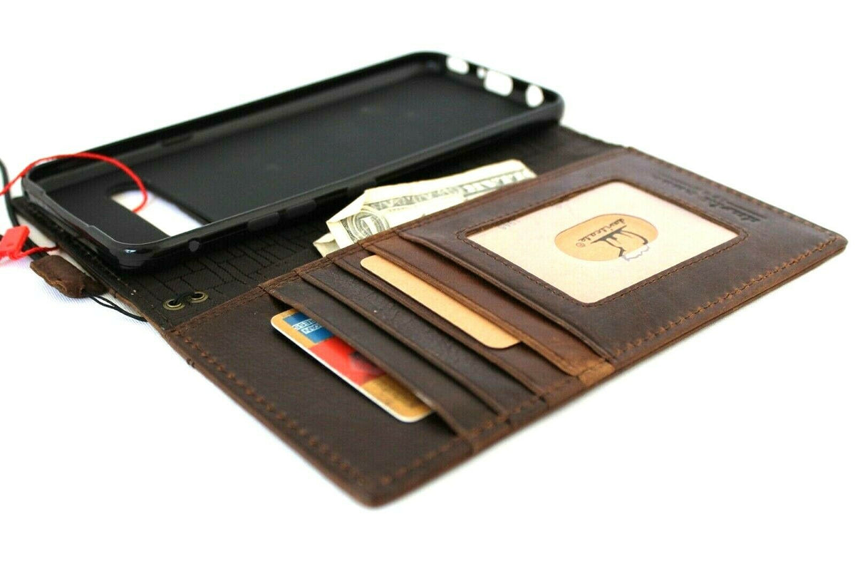 Handmade dark brown leather phone case for LG V60 with card slots, vintage style, slim design, by DAVISCASE.