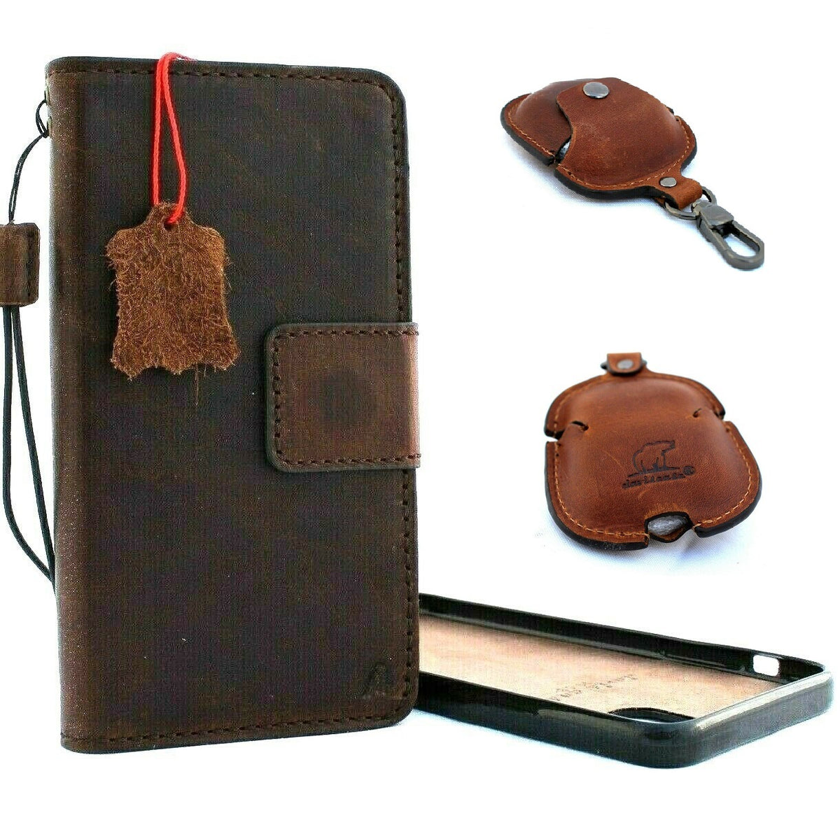 Handmade genuine leather iPhone 11 Pro Max case with wallet, credit card slots, magnetic closure, and detachable AirPods 2 holder by DAVISCASE.