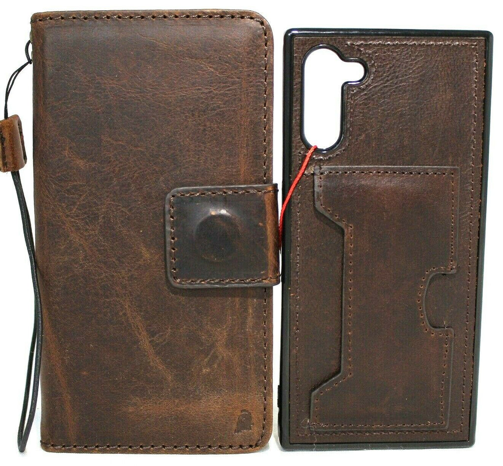 Genuine full dark leather Galaxy Note 10 case by DavisCase with wallet-style cover, window, soft interior, and stand feature.