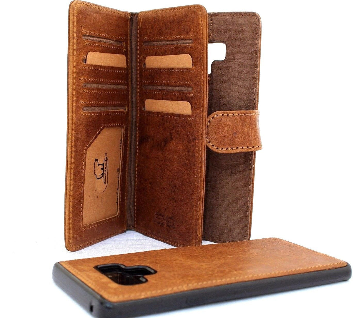 Genuine full leather Samsung Galaxy Note 9 wallet case with card slots, magnetic holder, and AirPods 2 storage.