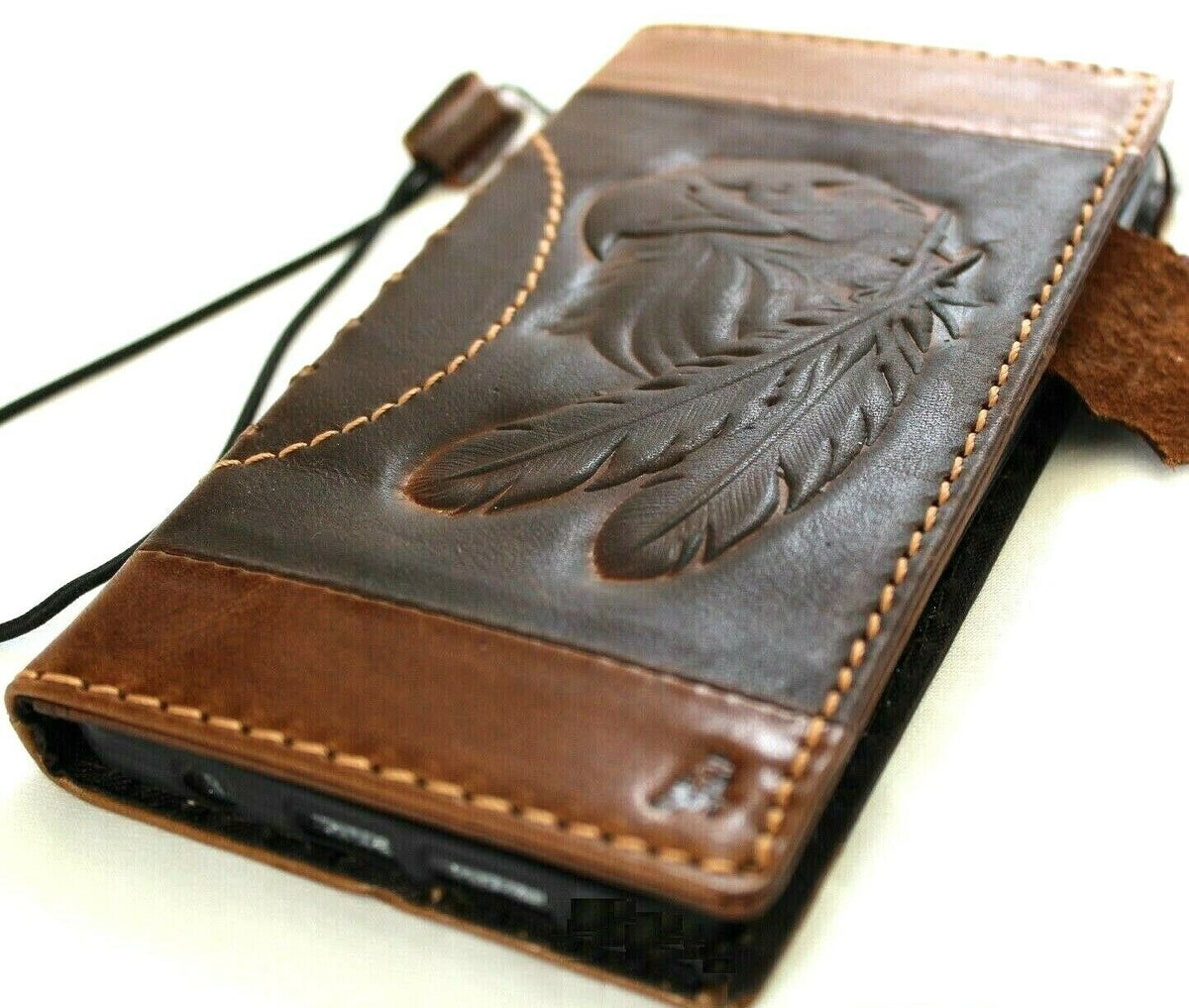 Handmade genuine leather iPhone wallet case by DAVISCASE with eagle design, credit card slots, vintage full grain leather cover.