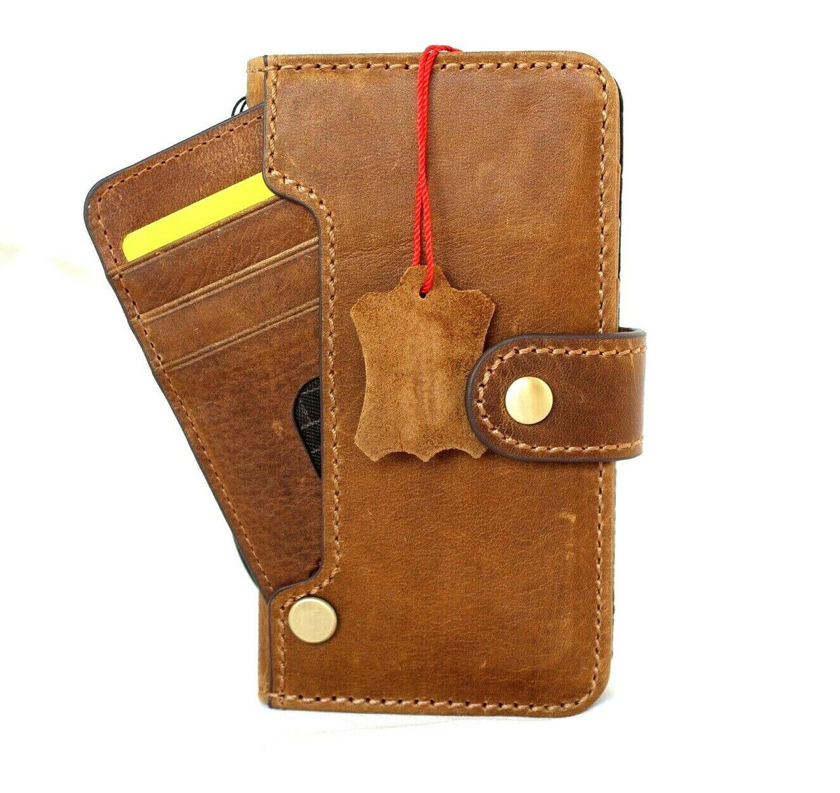 Vintage-style full tan leather case for Apple iPhone 12 mini with card slots, soft closure, handmade by DAVISCASE.