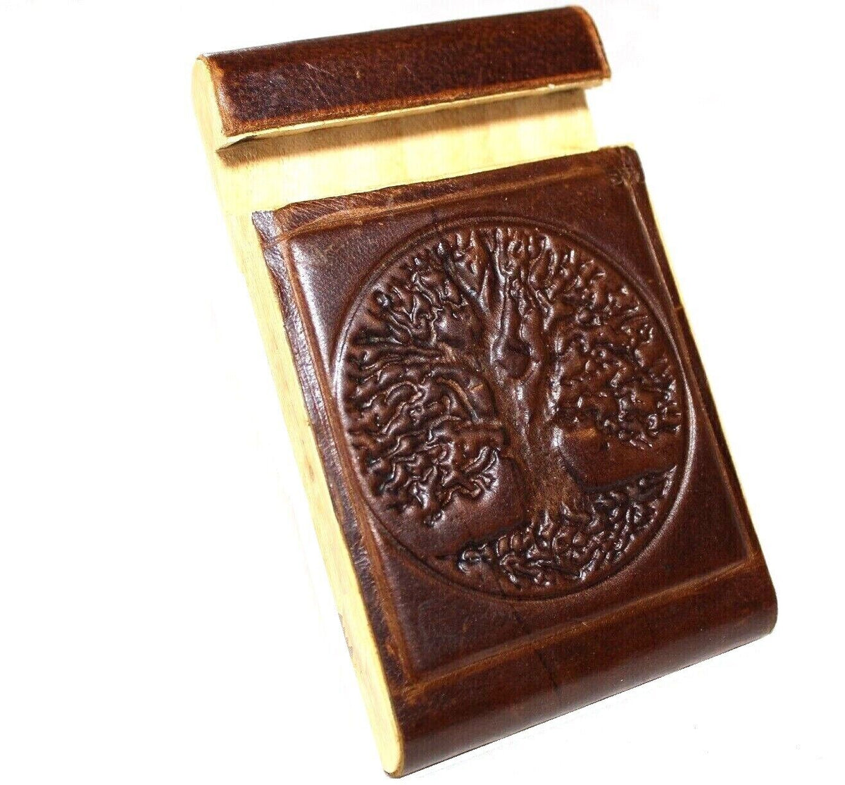 Handmade leather phone stand for iPhone 11-14 Pro Max, vintage-style, full grain leather, rustic wood accents, DAVISCASE.