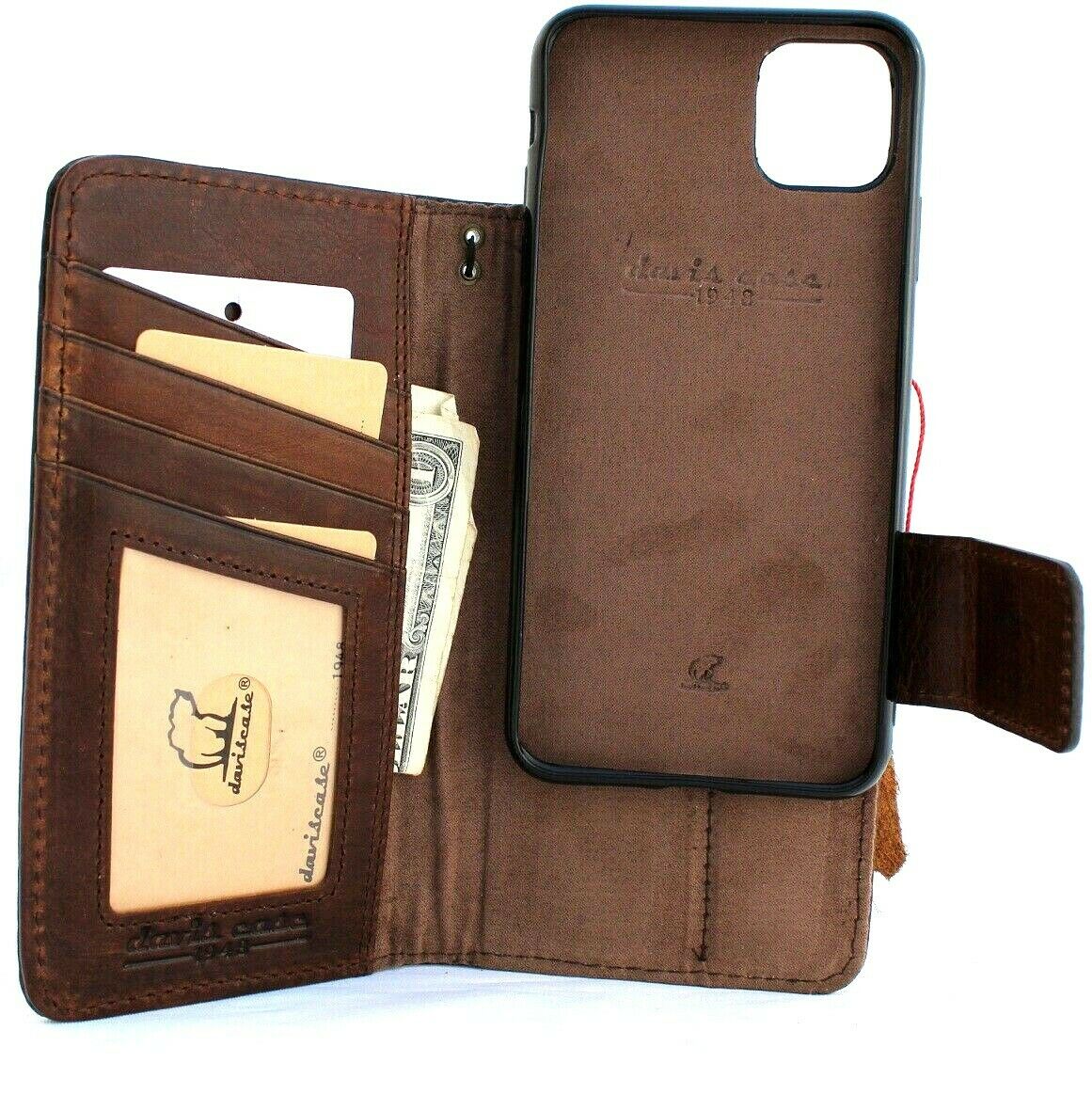 Genuine full leather vintage wallet case for Apple iPhone 11 Pro with credit card holder, magnetic detachable soft holder, and AirPods 2.