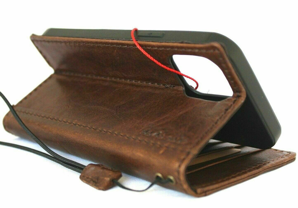 Genuine dark leather iPhone 12 Pro wallet case by DAVISCASE with ID window, credit card slots, vintage full grain leather, soft cover
