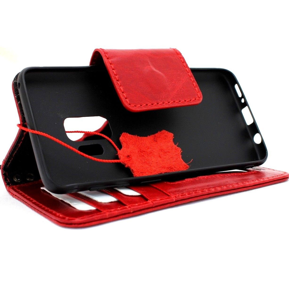 Wine red genuine leather Samsung Galaxy S9 wallet case with handmade Jafo design, magnetic closure, and oiled finish.