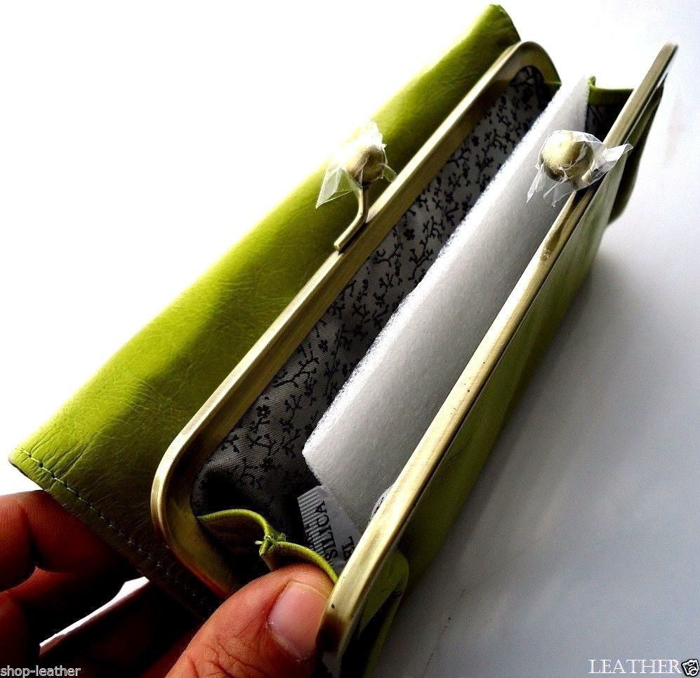 Green genuine leather women's wallet with card slots, coin pocket, and clutch design by DAVISCASE.