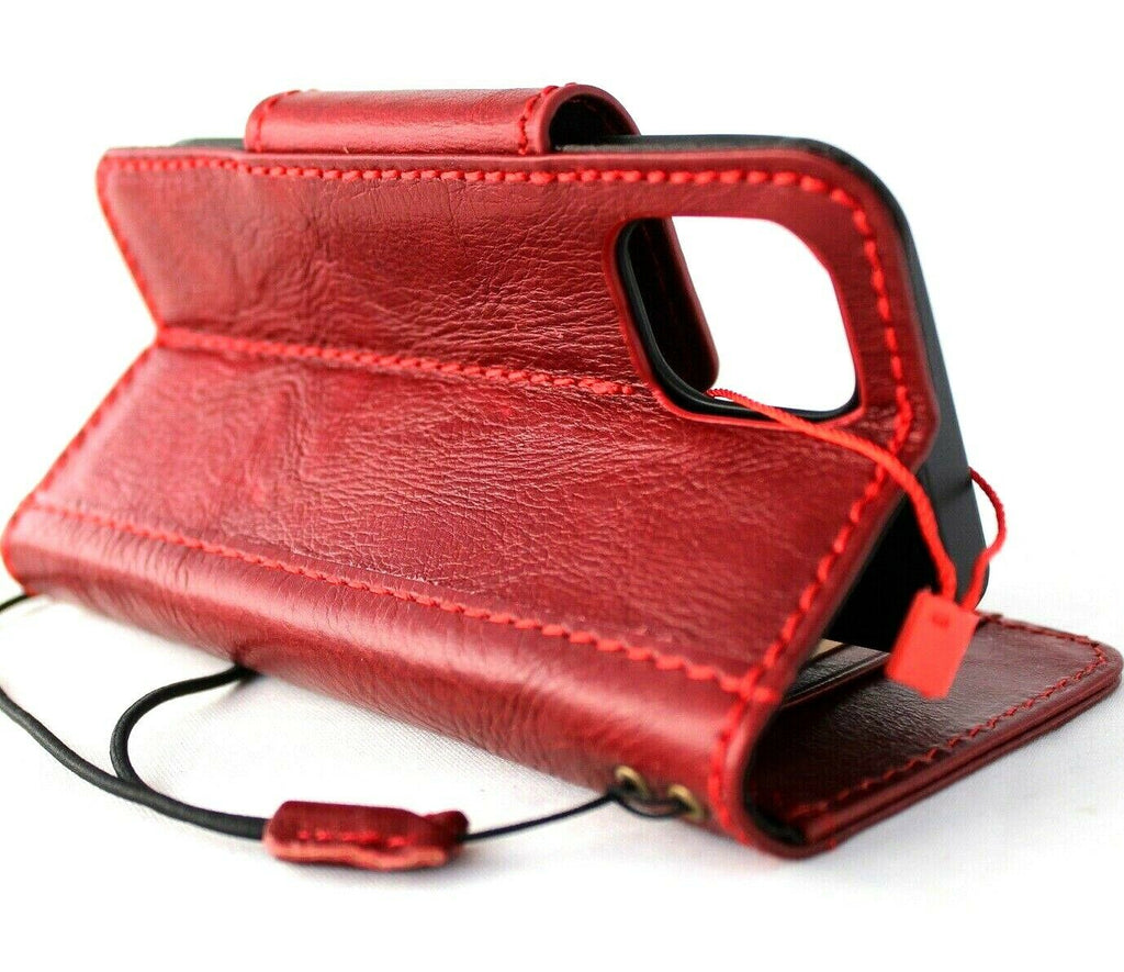 Genuine red leather iPhone 12 Mini case by DAVISCASE with vintage book wallet design, soft magnetic closure, and credit card slots.