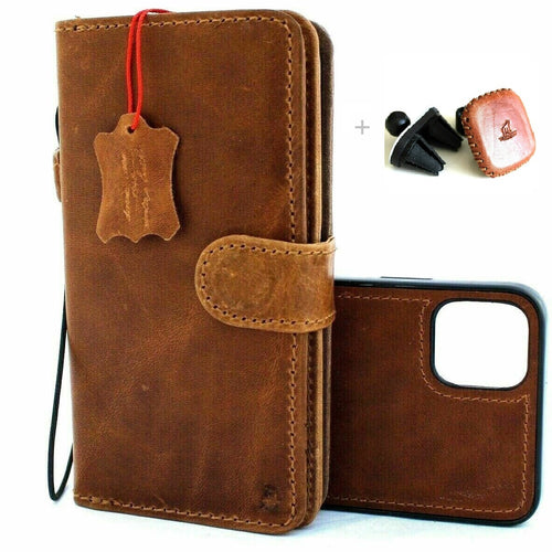 Genuine full leather iPhone 11 Pro Max case by DAVISCASE with wallet-style design, magnetic closure, and removable magnetic car holder