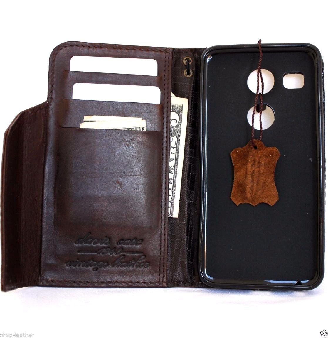 Dark brown genuine Italian leather hard phone case for LG Nexus 5X with card slots, slim wallet-style design, handmade by Daviscase