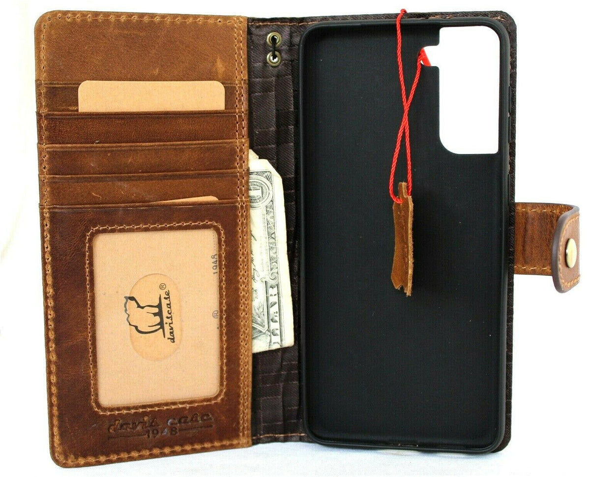 Genuine vintage tan leather Samsung Galaxy S21 Plus 5G wallet case with ID window and card holder by DavisCase