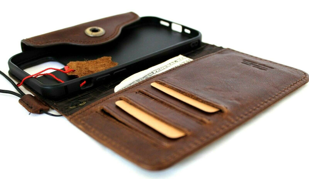 Handmade vintage leather iPhone 12 wallet case with card slots and closure, full grain leather from DavisCase.