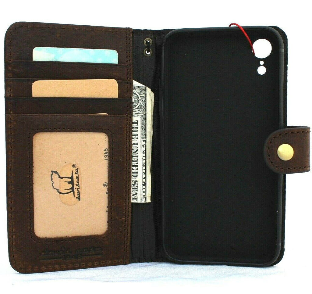 DavisCase genuine leather iPhone XR case cover with vintage wallet design, handmade luxury holder with credit card slots and wireless charging.