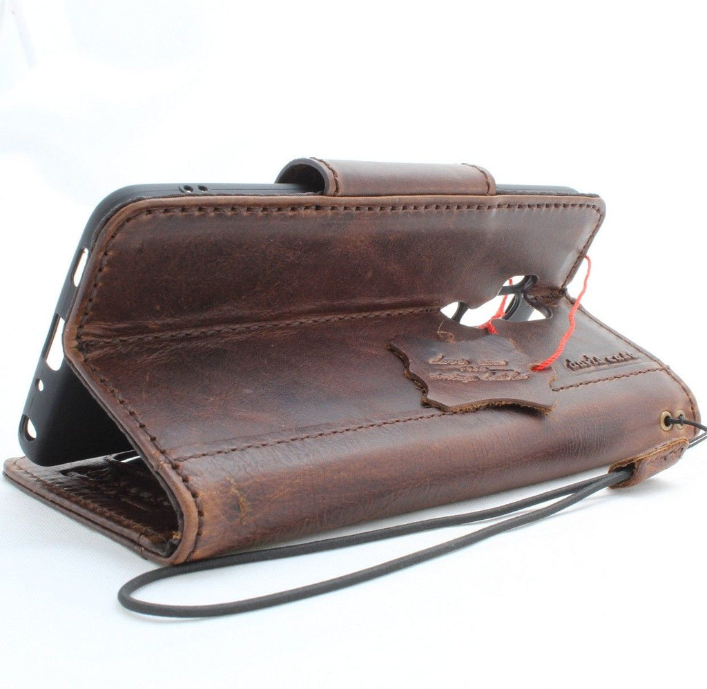 Handmade genuine vintage leather LG G7 wallet case with magnetic cover, soft stand, card slots, and luxury craftsmanship.