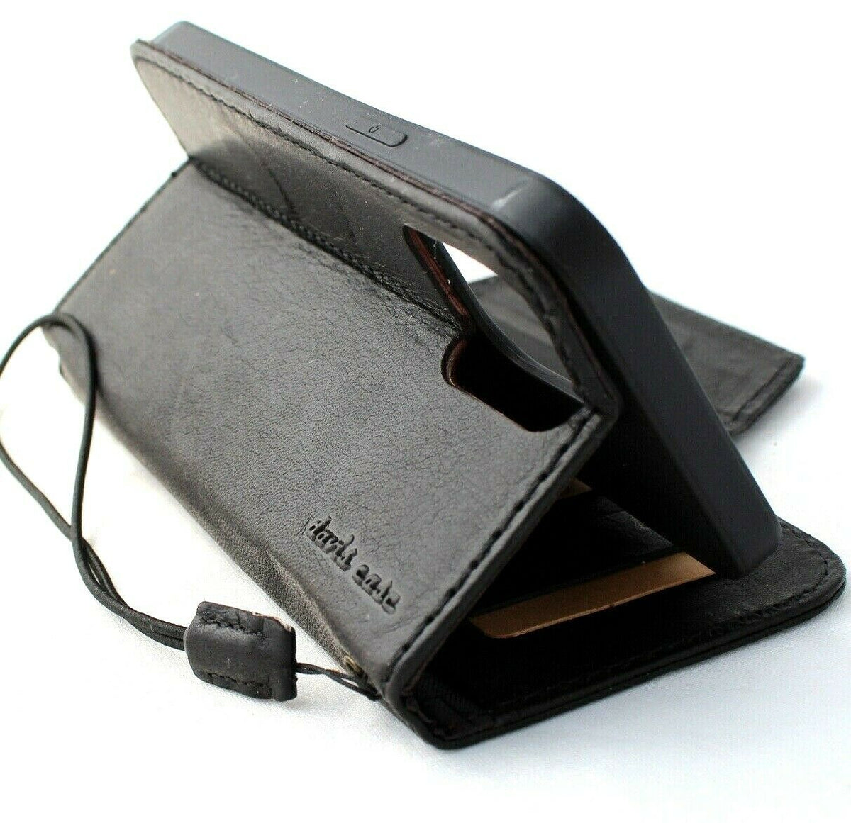 Genuine black leather iPhone 12 Pro Max wallet case with credit card slots, soft full grain leather from DAVISCASE.