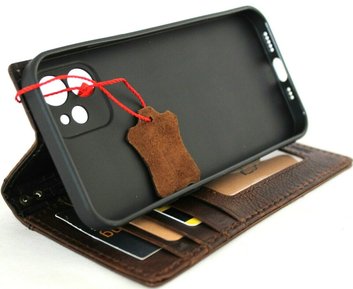 Genuine full dark leather book wallet case for Apple iPhone 12 by DAVISCASE, featuring vintage design and credit card slots.