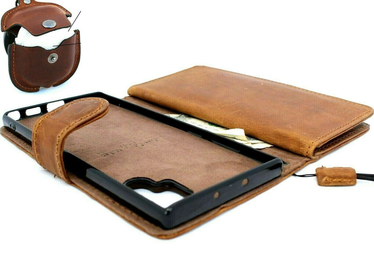 Genuine vintage leather Samsung Galaxy Note 10 Plus wallet case with card slots, magnetic closure, stand feature, and AirPods 2 holder.