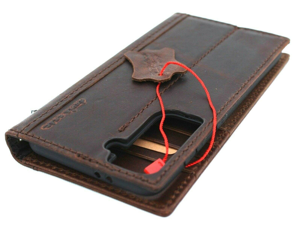 Genuine leather Samsung Galaxy S21 case with wallet design, card slots, wireless charging holder, and ID window by DAVISCASE