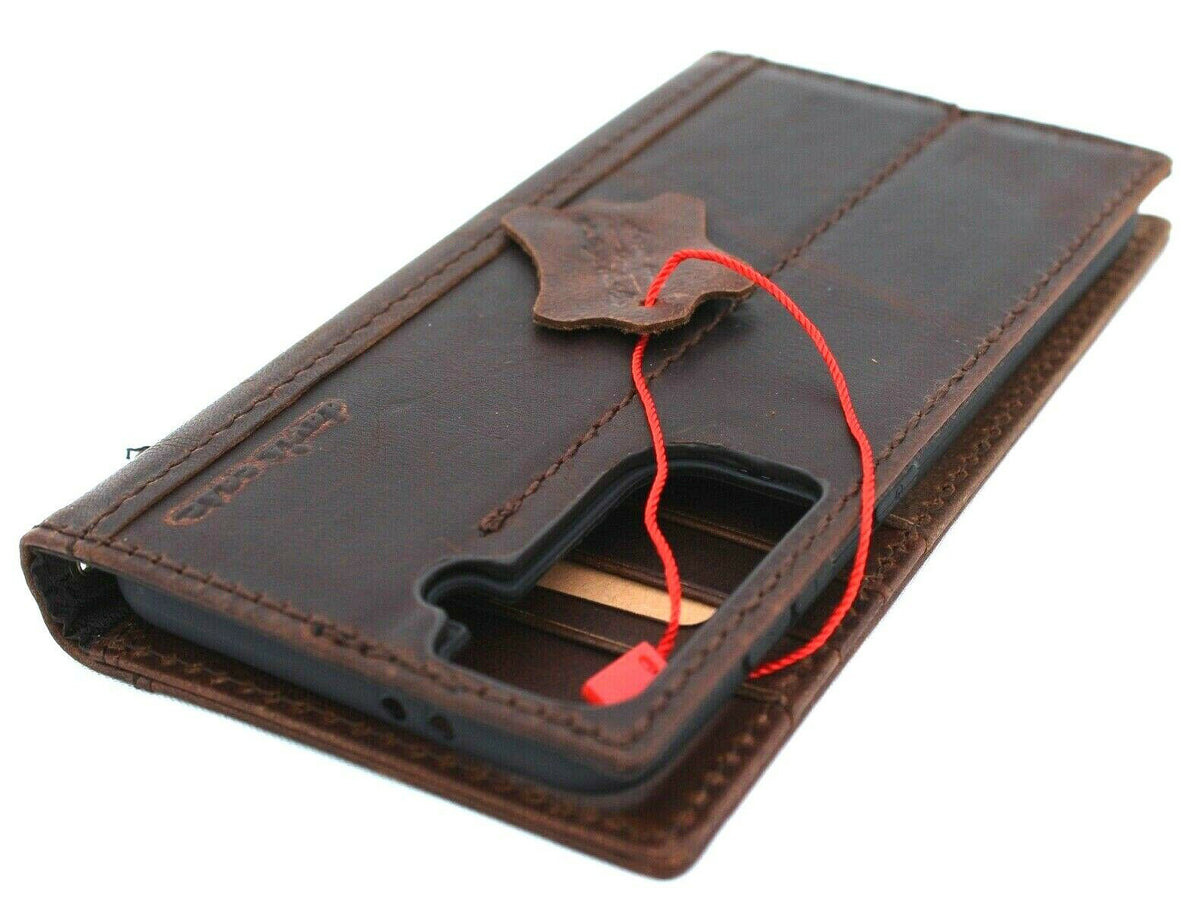 Genuine leather Samsung Galaxy S21 case with wallet design, card slots, wireless charging holder, and ID window by DAVISCASE