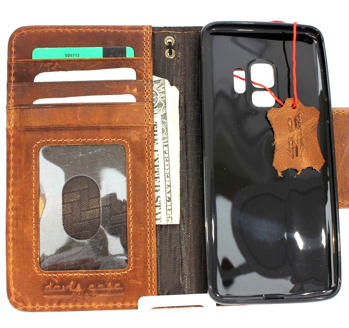 Handmade genuine leather wallet case for Samsung Galaxy S9 with magnetic closure, crafted for a stylish, natural look.