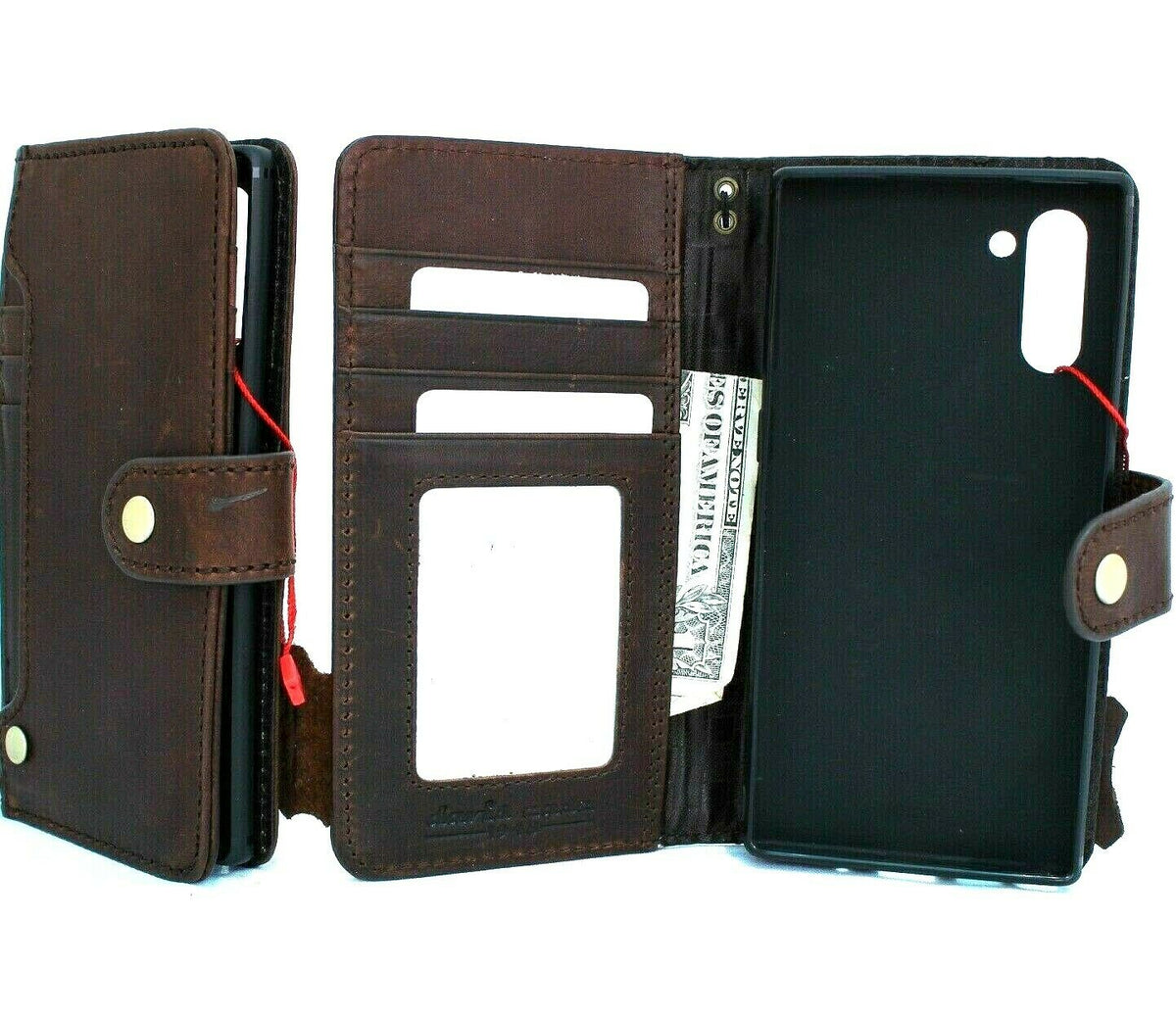 Leather flip wallet case for Samsung Galaxy Note 10 with card slots, button closure, rubber strap, and wireless charging compatibility.