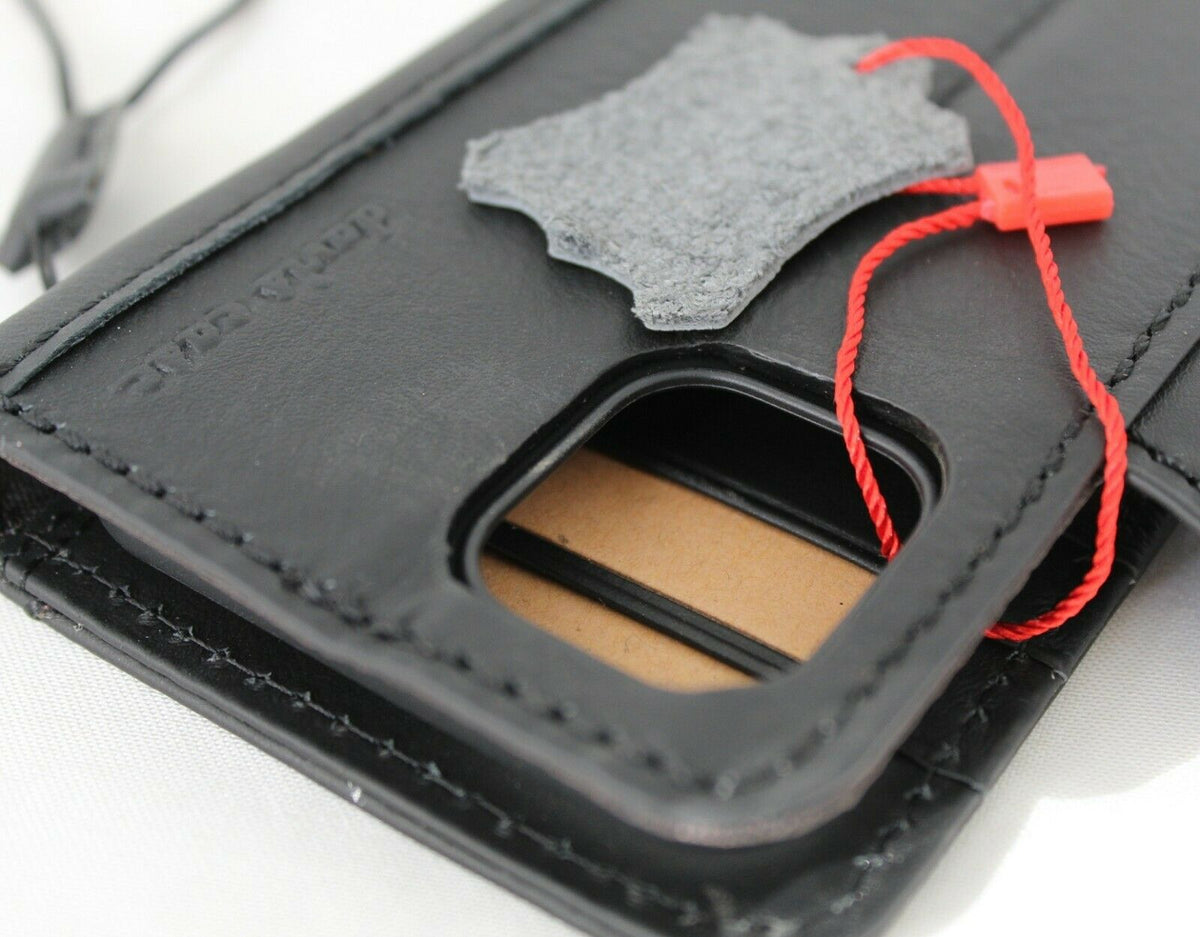 Genuine black leather iPhone 12 Mini case by DAVISCASE, vintage style book wallet with soft magnetic closure and credit card slots.
