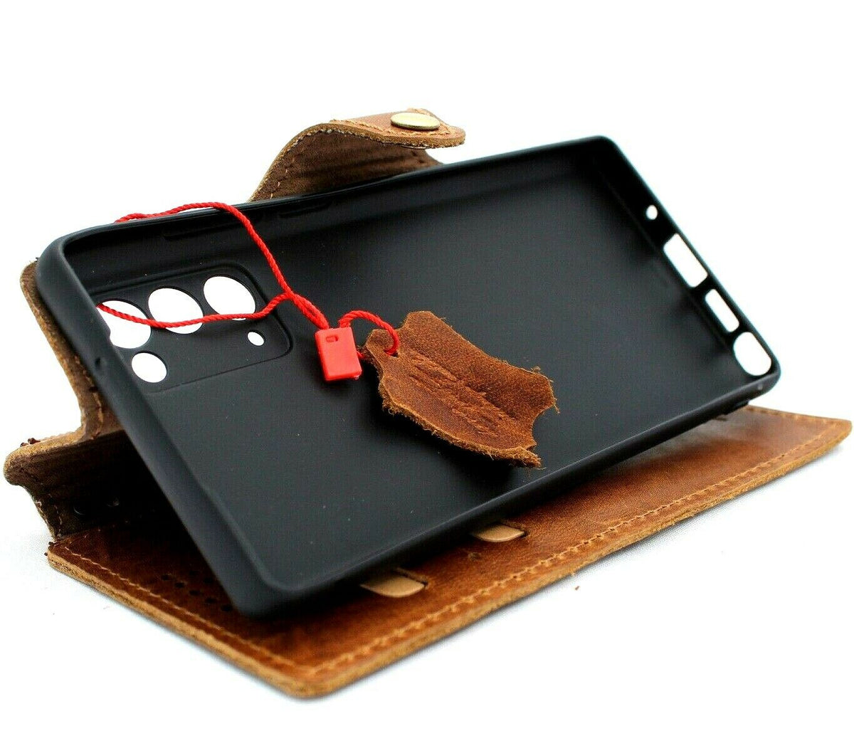 Genuine tan leather Samsung Galaxy S20 FE case with soft wallet design, card slots, and slim vintage style from DAVISCASE.