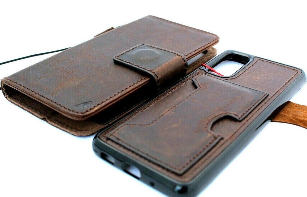 Genuine DavisCase Galaxy S20 full leather wallet case with removable slots, soft interior, rubber holder, and wireless charging compatibility.