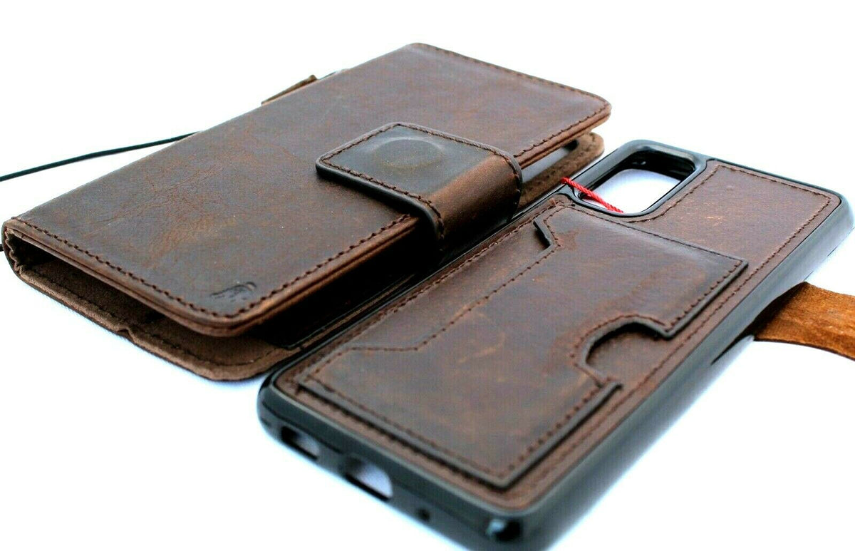 Genuine DavisCase Galaxy S20 full leather wallet case with removable slots, soft interior, rubber holder, and wireless charging compatibility.