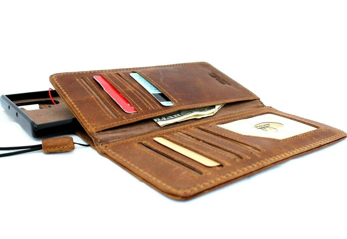 Genuine full leather Samsung Galaxy Note 10 Plus wallet case with removable slots, magnetic closure, and rubber window.