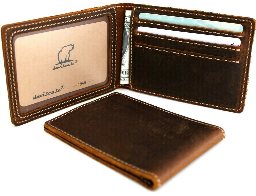 Men's genuine leather wallet by DAVISCASE with slim design, multiple credit card slots, handmade, retro oiled finish, ID window.