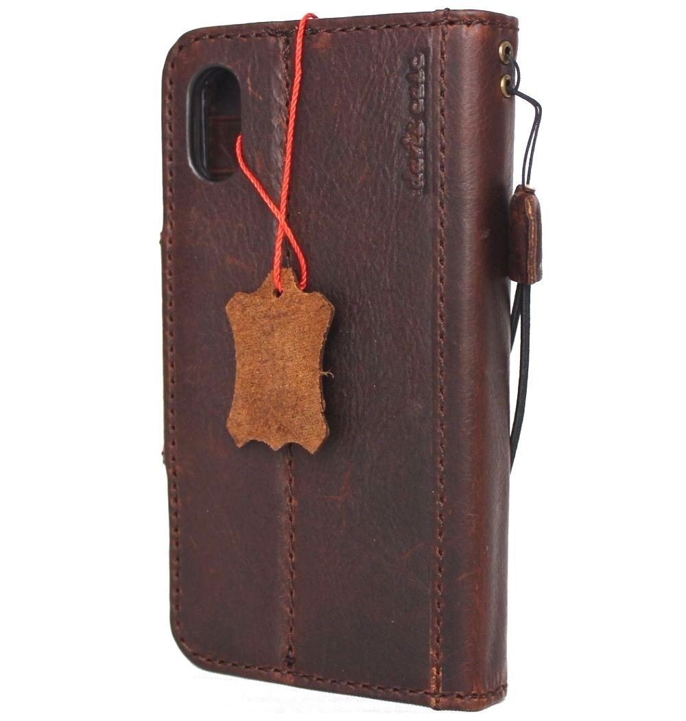 Vintage brown genuine leather iPhone X wallet case with magnet closure, card slots, slim design, handmade by Daviscase.