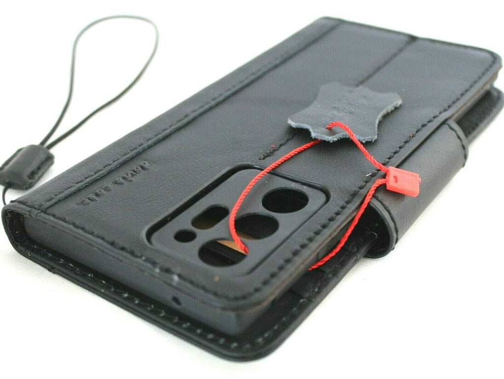 Black leather Samsung Galaxy Note 20 Ultra 5G wallet case by DavisCase with card slots, ID window, and magnetic closure.