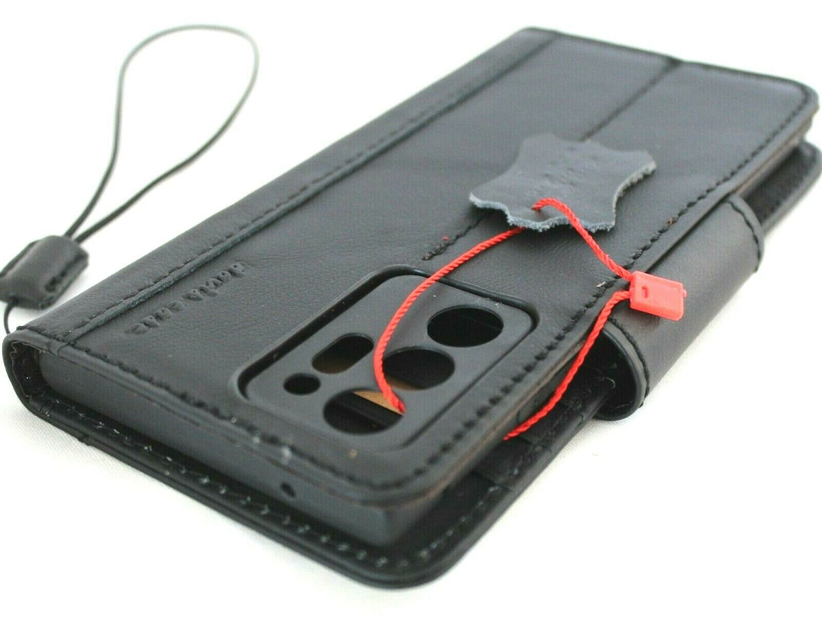 Black leather Samsung Galaxy Note 20 Ultra 5G wallet case by DavisCase with card slots, ID window, and magnetic closure.