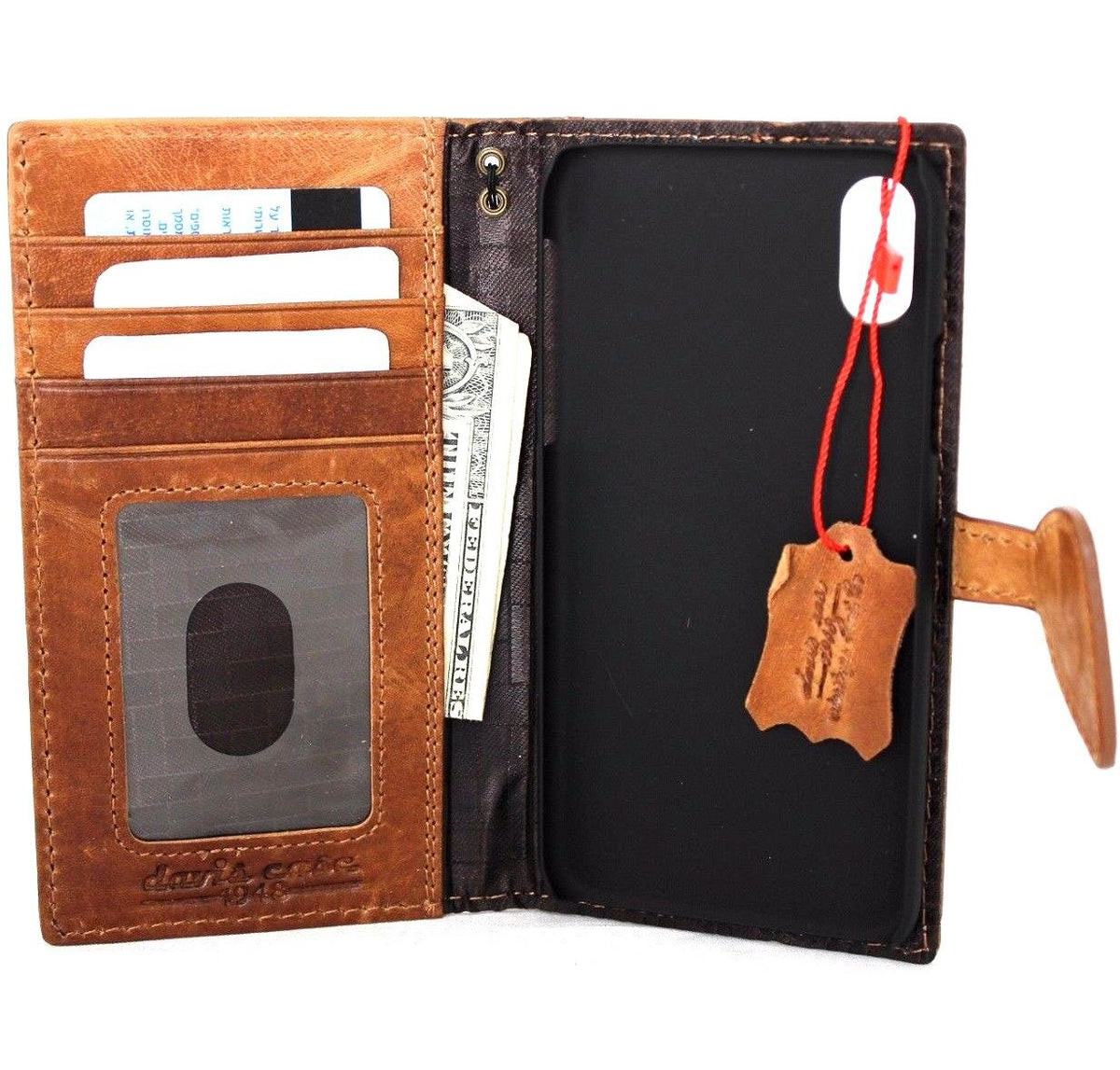 Bright brown genuine leather iPhone XS case with wallet design, magnetic closure, card slots, slim vintage style by DAVISCASE