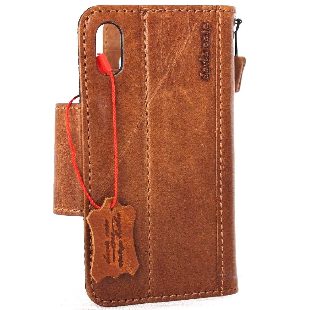 Bright brown genuine leather iPhone X wallet case with magnetic closure, card slots, slim vintage design.