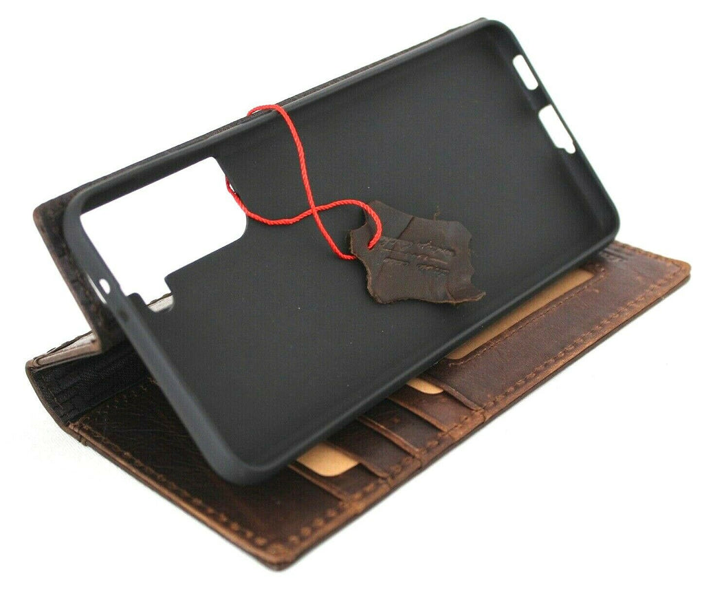 Genuine leather Galaxy S21 Plus 5G Bible book wallet case by DAVISCASE with card slots, wireless charging holder, and rubber ID.