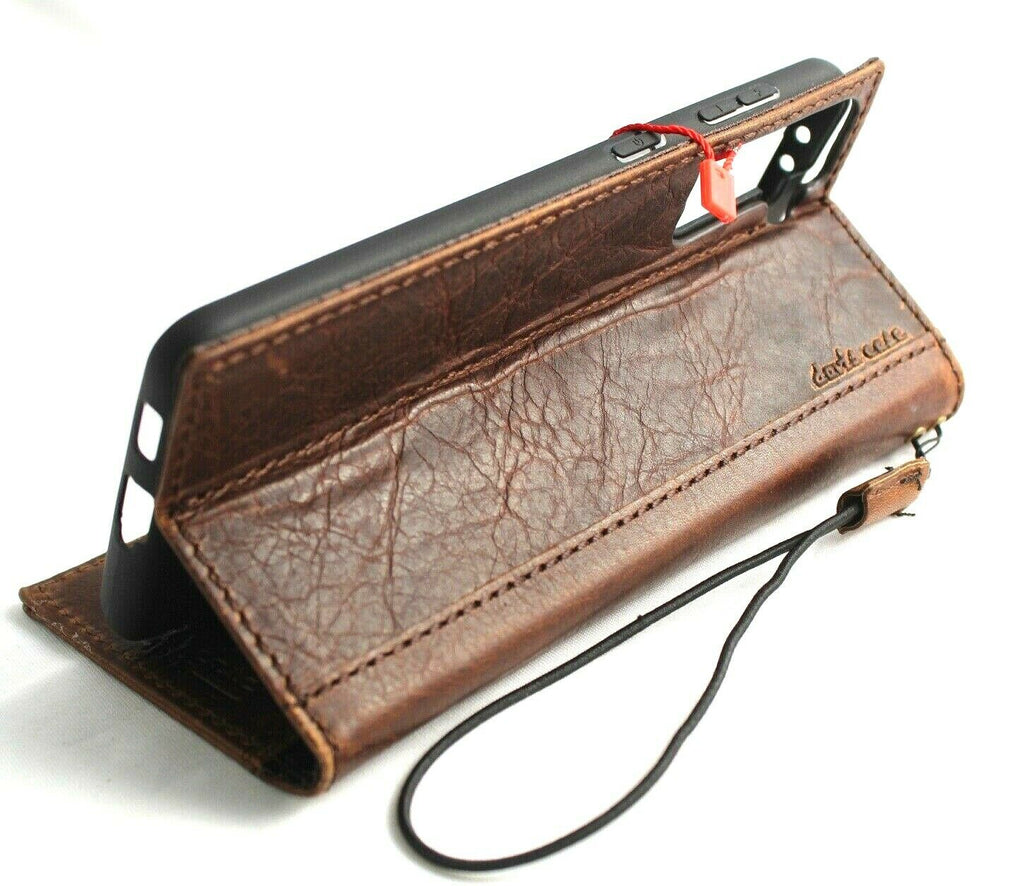 Dark leather Samsung Galaxy S21 Plus 5G wallet case with ID window, card slots, wireless charging holder, by DAVISCASE.