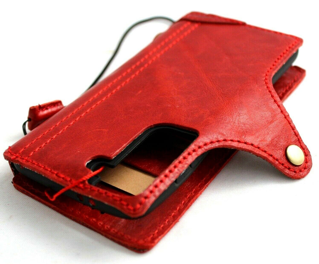Handmade red leather Samsung Galaxy S21 book wallet case with rubber holder, wireless charging compatible, by DAVISCASE.