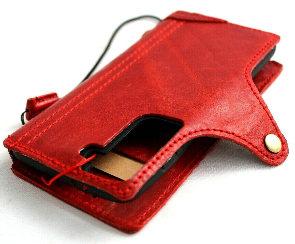 Handmade red leather Samsung Galaxy S21 book wallet case with rubber holder, wireless charging compatible, by DAVISCASE.