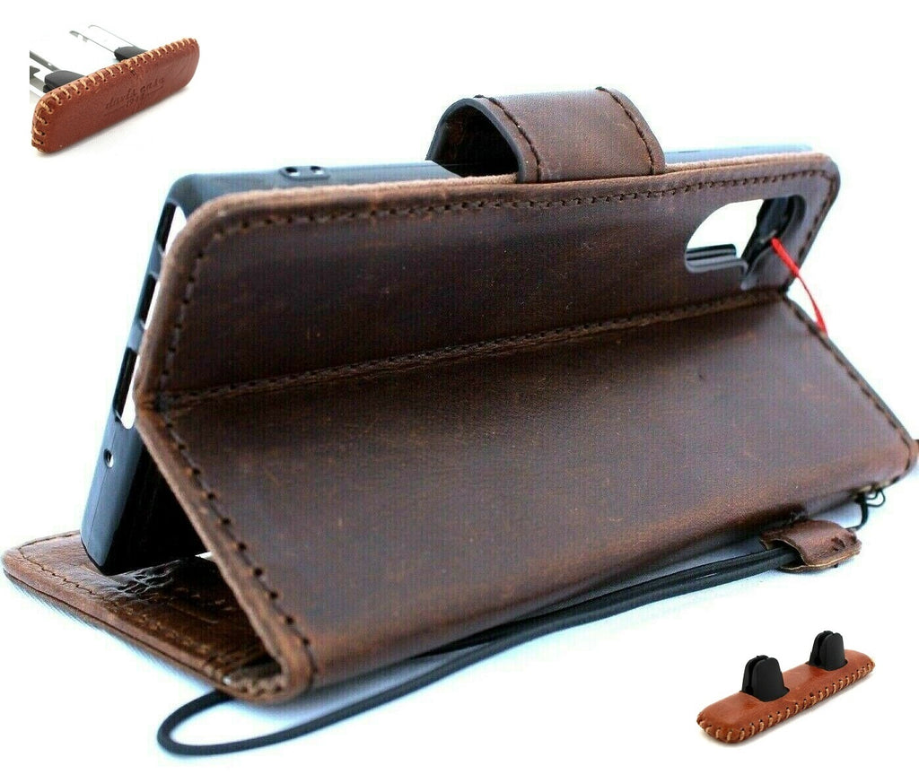 Genuine dark soft leather Samsung Galaxy Note 10 wallet case with ID window, slim stand, and magnetic car holder by DavisCase.