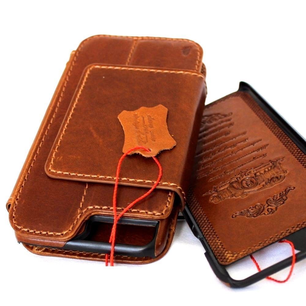 Brown genuine leather iPhone 8 Plus case by DAVISCASE featuring a book wallet design with card slots and removable slim profile.