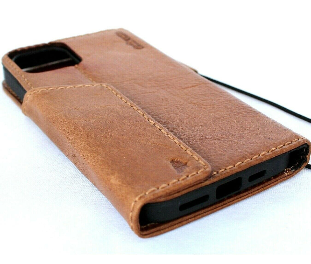 Handmade genuine tan leather wallet case for iPhone 12 Pro Max with credit card slots, soft cover, by DAVISCASE.